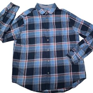Pre-Owned Eddie Bauer Men Size 2XL Blue Gray Plaid Long Sleeve Shirt 100% Cotton